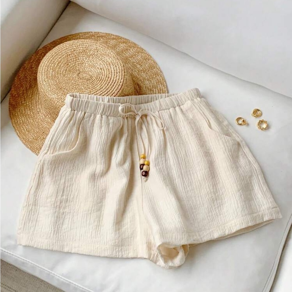 SHEIN Cream Drawstring Casual Linen-Blend Shorts
